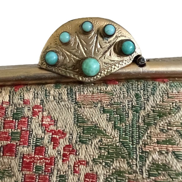 Vintage Floral Tapestry Clutch Bag Gemstone Closure with Original Compact Mirror - Picture 8 of 15